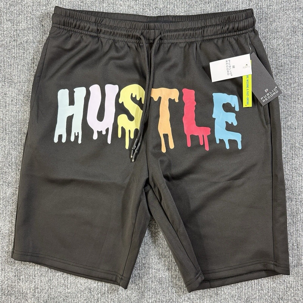 Public Record Shorts Mens Medium‎ Hustle Black Colorful Dripping Wicking